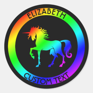 Rainbow Unicorn In Black Circles Classic Round Sticker