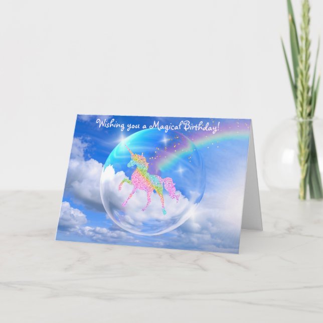Rainbow Unicorn in Bubble Birthday Card (Front)