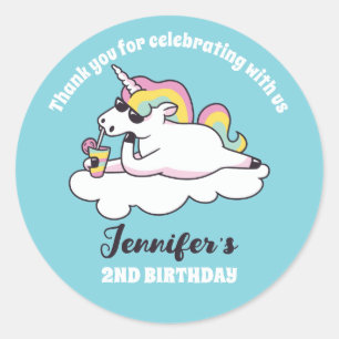 Rainbow Unicorn in Sunglasses Birthday Party Favou Classic Round Sticker