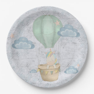  rainbow unicorn in the clouds in a hot air balloo paper plate