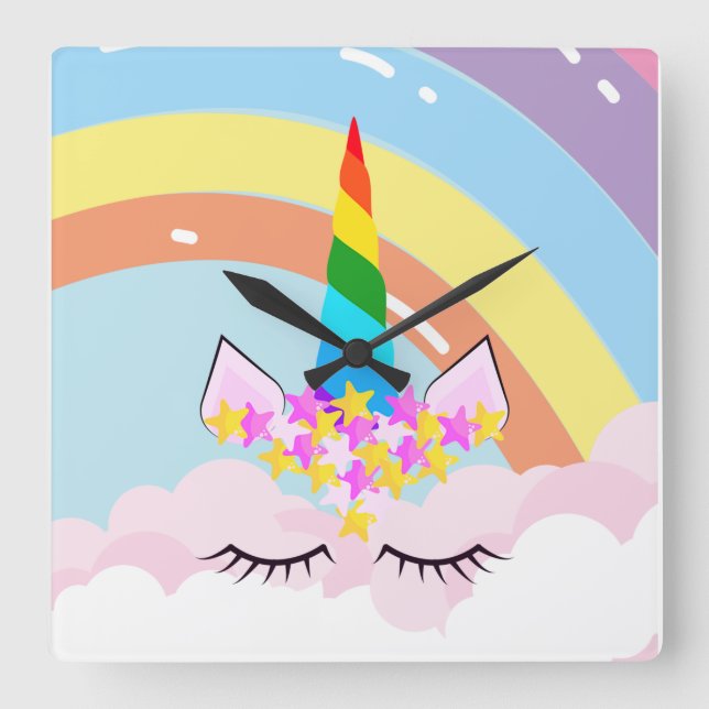 Rainbow Unicorn in the Sky Toddler Square Wall Clock (Front)