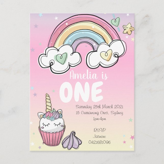 Rainbow Unicorn Invitation Postcard (Front)