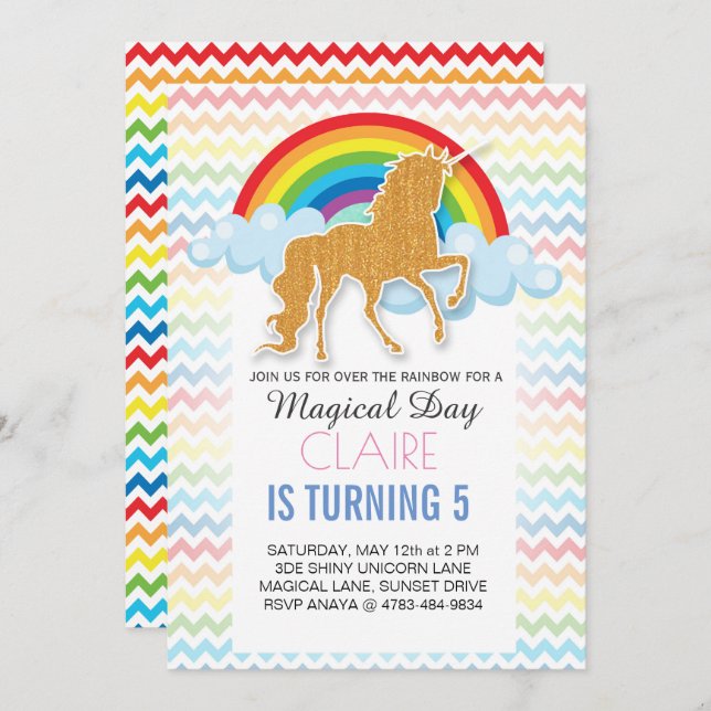 Rainbow Unicorn Invitations for birthday party (Front/Back)