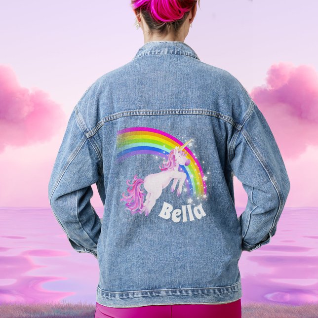 Rainbow unicorn jumping girls name  denim jacket (Creator Uploaded)