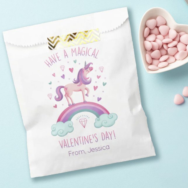 Rainbow Unicorn Kids Valentines Day Treat Bag (A cute rainbow unicorn valentines day treat bag. Great for Valentine's Day school classroom treats)