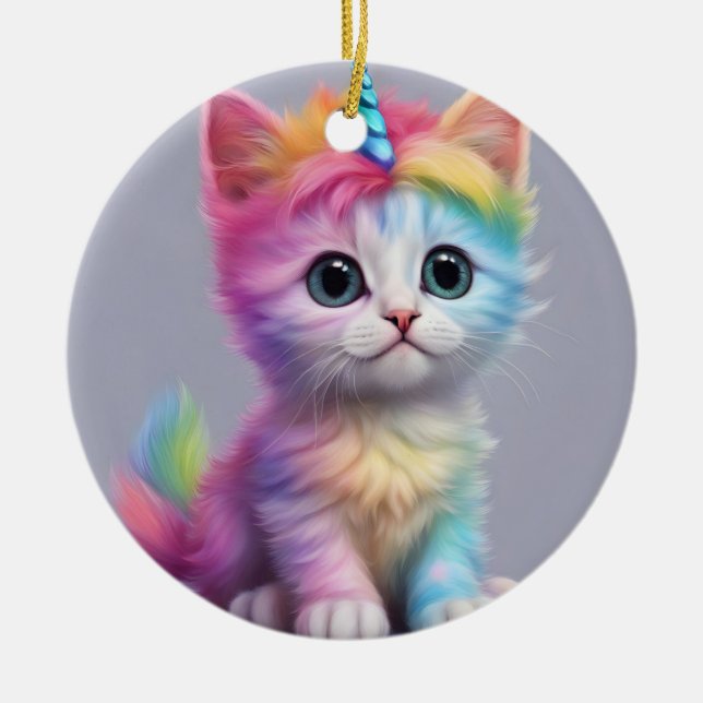 Rainbow Unicorn Kitten Ceramic Ornament (Front)