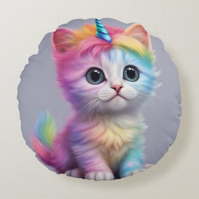 Rainbow Unicorn Kitten Round Cushion (Front)