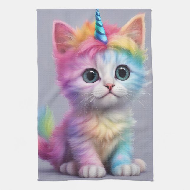 Rainbow Unicorn Kitten Tea Towel (Vertical)