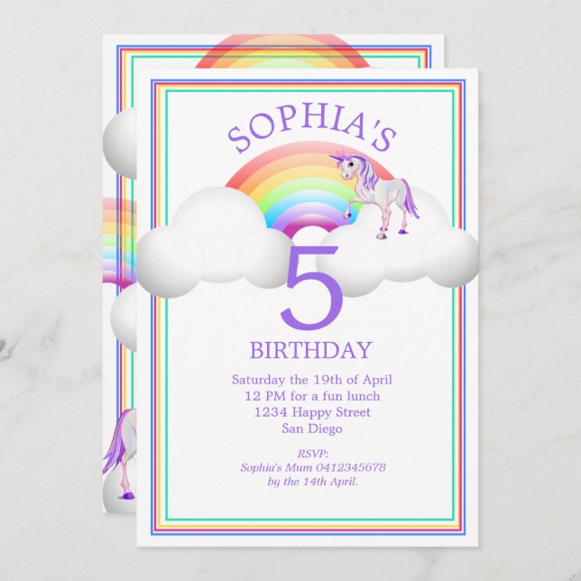 Rainbow Unicorn Magical  Cute  Birthday Invitation (Front/Back)