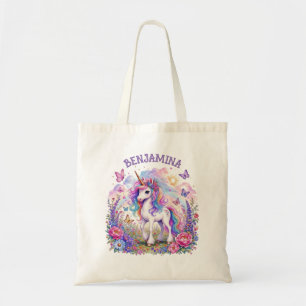 Rainbow Unicorn Magical Floral Meadow Purple Text Tote Bag