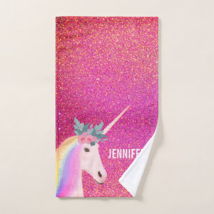 Rainbow Unicorn Magical Pink Glitter Hand Towel