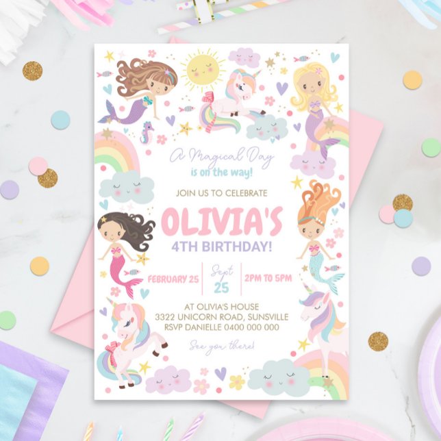 Rainbow Unicorn Mermaid Birthday Invitation (Rainbow Mermaid Unicorn Invitation)