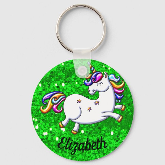 Rainbow Unicorn on Green Glitter Key Ring (Front)