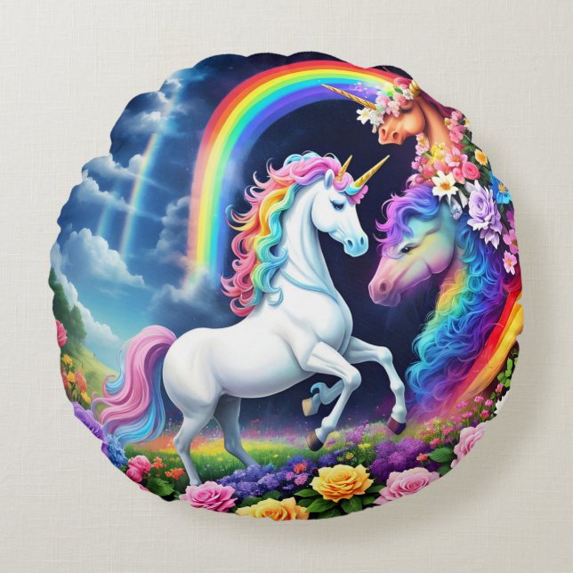 Rainbow Unicorn One Round Cushion (Front)