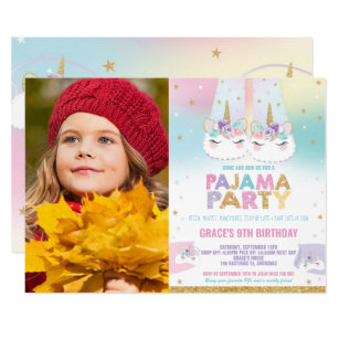 Rainbow Unicorn Pajama Birthday Party Photo Invitation