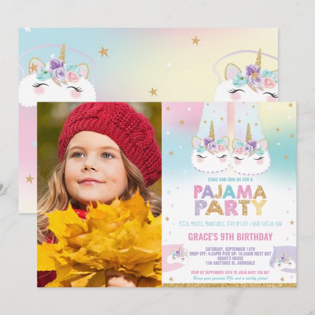Rainbow Unicorn Pajama Birthday Party Photo Invitation (Front/Back)