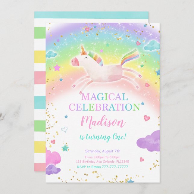 Rainbow Unicorn Party Invitation (Front/Back)