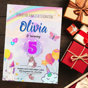 Rainbow Unicorn Pastel Magical Girls Birthday Invitation