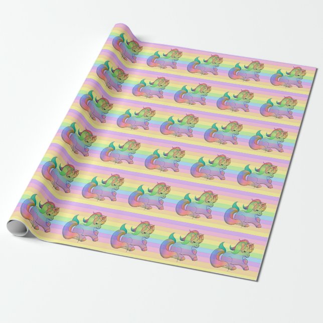 Rainbow Unicorn Pastel Striped Wrapping Paper (Unrolled)