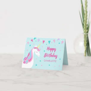 Rainbow Unicorn Personalised Aqua Pink Birthday Card
