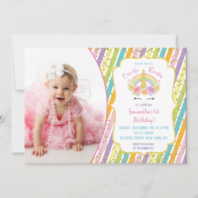 Rainbow Unicorn Photo Birthday Invitations (Front)