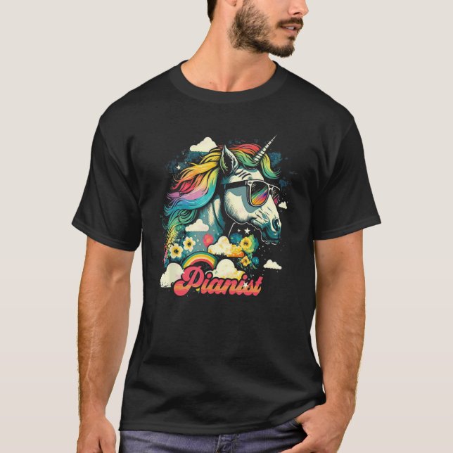Rainbow Unicorn Pianist Piano T-Shirt (Front)