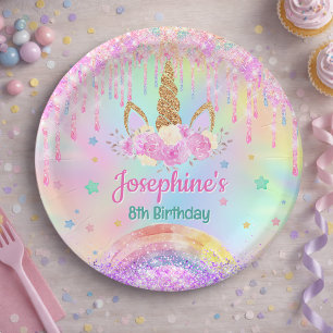 Rainbow Unicorn pink aqua birthday round Paper Plate