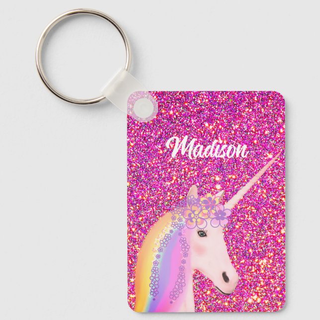 Rainbow Unicorn Pink Glitter Fantasy Personalised Key Ring (Front)