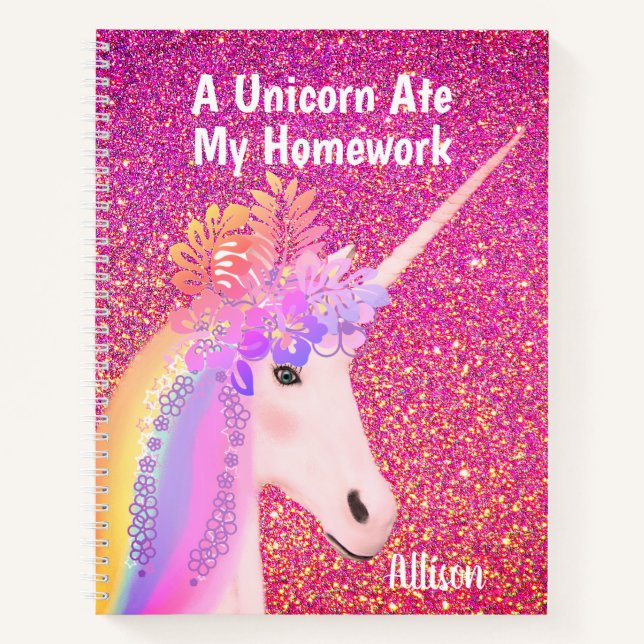 Rainbow Unicorn Pink Glitter Glam Personalised Notebook (Front)