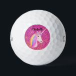 Rainbow Uniçorn Pink Glitter Magical Personalised Golf Balls<br><div class="desc">Rainbow Uniçorn Pink Glitter Magical Personalised Golf Balls are designed with fun bright pink and gold faux glitter sparkles background and a pretty white unicorn on the centre. The unicorn has rainbow hair and flowers on top of her head. Personalised with name in black calligraphy script lettering across the top....</div>