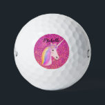 Rainbow Uniçorn Pink Glitter Magical Personalised Golf Balls<br><div class="desc">Rainbow Uniçorn Pink Glitter Magical Personalised Golf Balls are designed with fun bright pink and gold faux glitter sparkles background and a pretty white unicorn on the centre. The unicorn has rainbow hair and flowers on top of her head. Personalised with name in black calligraphy script lettering across the top....</div>