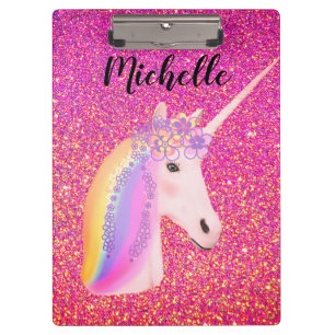 Rainbow Unicorn Pink Glitter Sparkles Personalized Clipboard