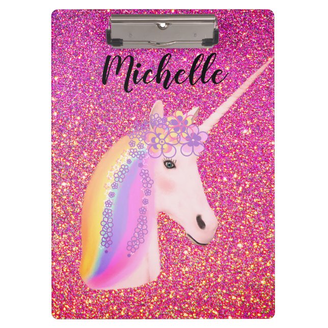 Rainbow Unicorn Pink Glitter Sparkles Personalized Clipboard (Front)
