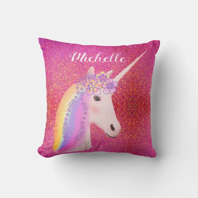 Rainbow Unicorn Pink Glitter Sparkles Personalized Cushion (Front)