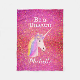 Rainbow Unicorn Pink Glitter Sparkles Personalized Fleece Blanket
