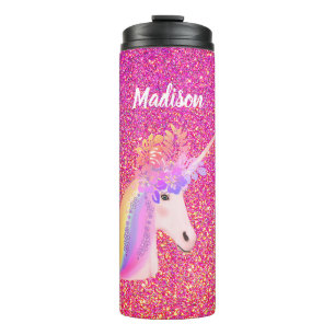 Rainbow Unicorn Pink Gold Glitter Floral Name Thermal Tumbler