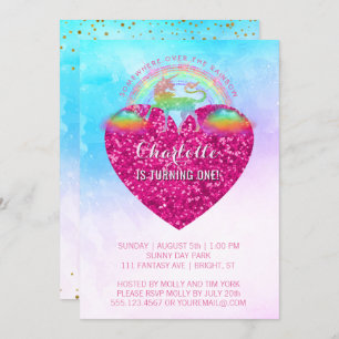 Rainbow Unicorn Pink Heart 1st Birthday Party Invitation