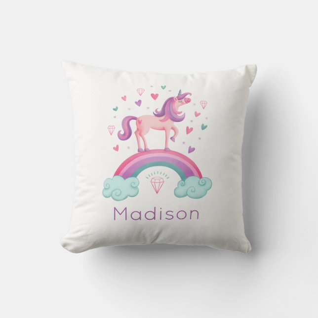 Rainbow Unicorn Pink Purple Girly Cushion (Front)