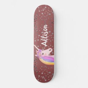 Rainbow Unicorn Pink Rose Girls Personalised Skateboard