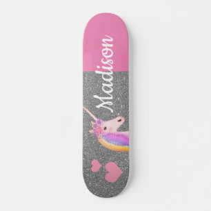 Rainbow Unicorn Pink Silver Glitter Personalised Skateboard