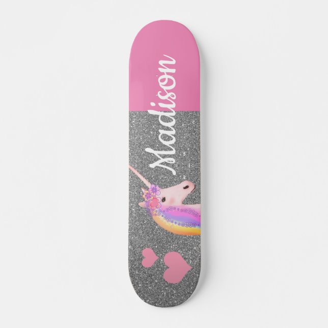 Rainbow Unicorn Pink Silver Glitter Personalised Skateboard (Front)