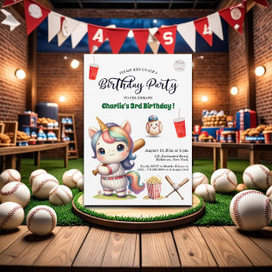 Rainbow Unicorn playing Baseball 3rd Birthday Invitation