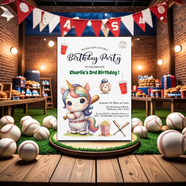 Rainbow Unicorn playing Baseball 3rd Birthday Invitation (Creator Uploaded)