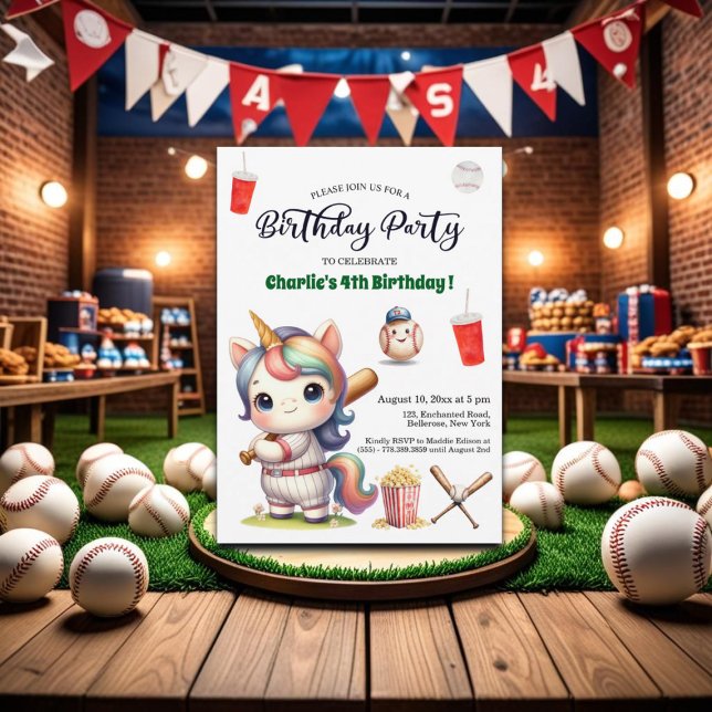 Rainbow Unicorn playing Baseball 4th Birthday Invitation (Creator Uploaded)