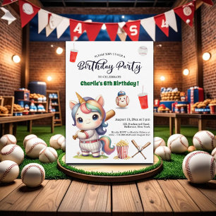 Rainbow Unicorn playing Baseball 6th Birthday Invitation