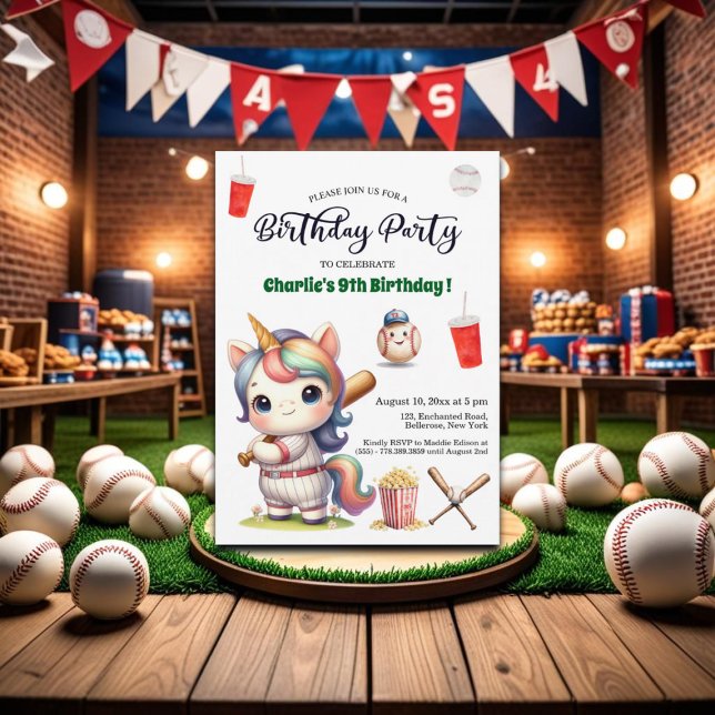 Rainbow Unicorn playing Baseball 9th Birthday Invitation (Creator Uploaded)
