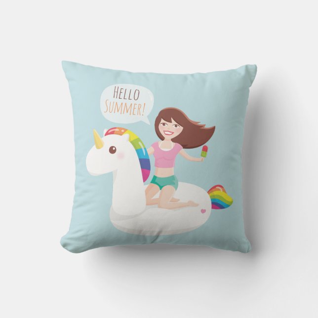 Rainbow Unicorn Pool Float Summer Throw Pillow (Front)