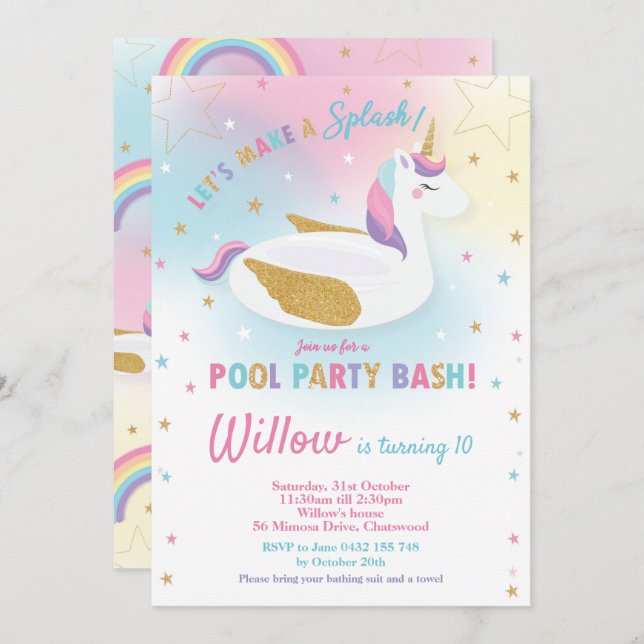 Rainbow Unicorn Pool Party Birthday Invitation (Front/Back)