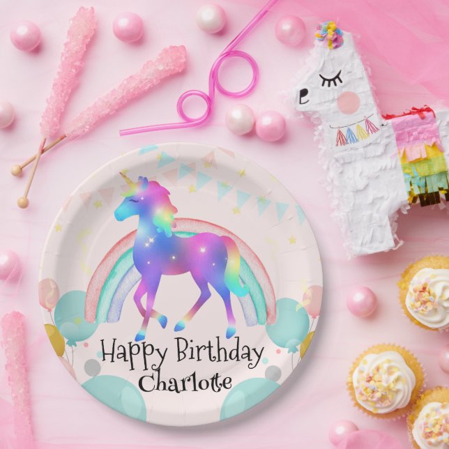  Rainbow Unicorn princess gradient birthday party  Paper Plate (Party)