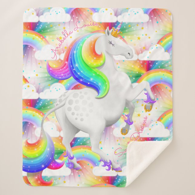 Rainbow unicorn Princess Magical Nursery Sherpa Blanket (Front)